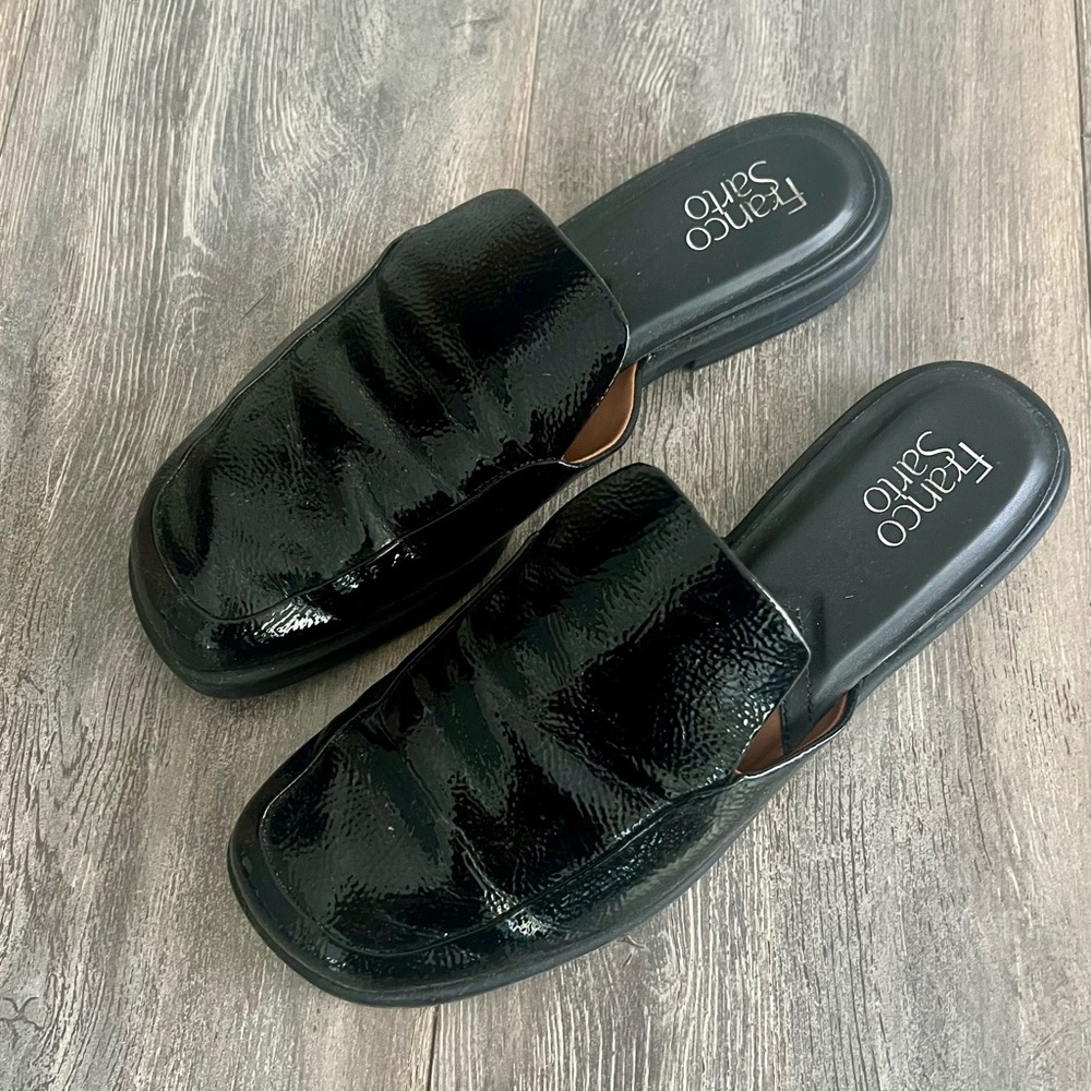 Franco Sarto Black Patent Leather Mules